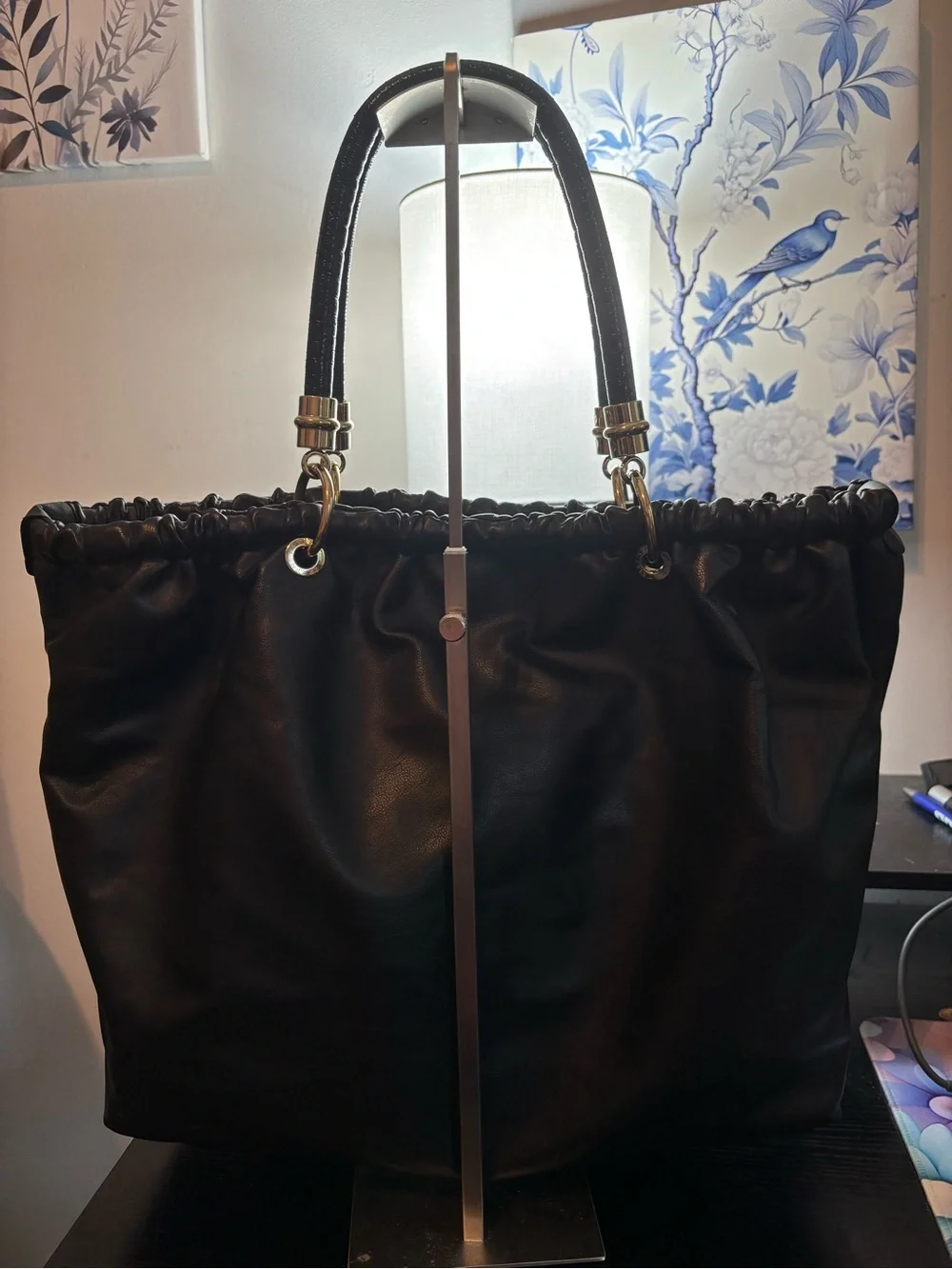 Authentic Stella McCartney Noma Soft Drawstring Shopper Tote Black/Gold Hardware